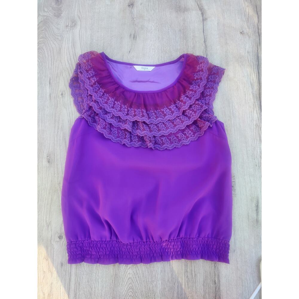 iora Sheer Lace Ruffle Neck Top Smocked Waist Dark Academia Coquette Whimsical M